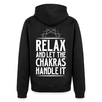 Entspann dich - Chakren regeln das - Unisex Premium Bio Zip Hoodie - Schwarz - Hinten - Nico (187cm)
