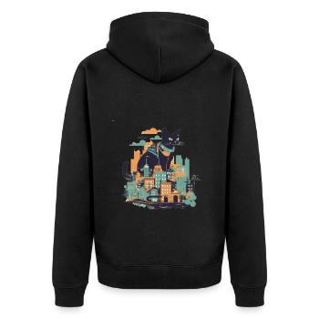 Chat noir assis devant une ville colorée - Veste à capuche bio Premium Unisexe - noir - Dos - Nico (187cm)