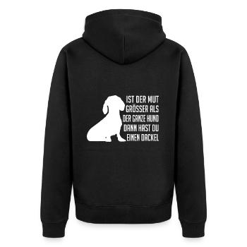 Mutiger Dackel Dackelsilhouette und Spruch - Unisex Premium Bio Zip Hoodie - Schwarz - Hinten - Nico (187cm)