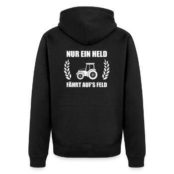 Nur ein Held fährt aufs Feld Landwirtschaft Bauer - Unisex Premium Bio Zip Hoodie - Schwarz - Hinten - Nico (187cm)