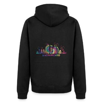 Sacramentan Bunte Skyline Sacramento - Unisex Premium Bio Zip Hoodie - Schwarz - Hinten - Nico (187cm)