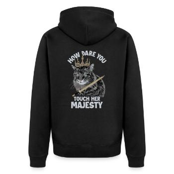 How Dare You Touch Her Majesty Hauskatze - Unisex Premium Bio Zip Hoodie - Schwarz - Hinten - Nico (187cm)