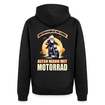 Unterschätze nie einen alten Mann mit Motorrad - Unisex Premium Bio Zip Hoodie - Schwarz - Hinten - Nico (187cm)