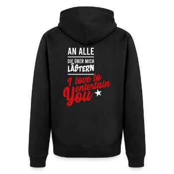 LÄSTERN, GESCHENK - Unisex Premium Bio Zip Hoodie - Schwarz - Hinten - Nico (187cm)