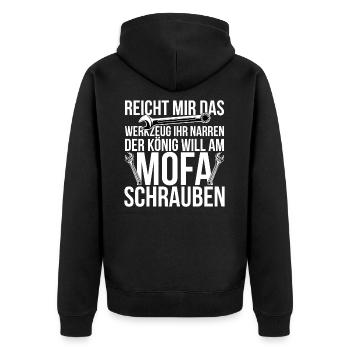 Reicht mir das Werkzeug Lustiger Mofa Spruch - Unisex Premium Bio Zip Hoodie - Schwarz - Hinten - Nico (187cm)