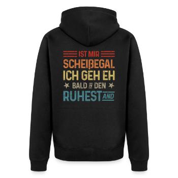 Scheißegal Ich geh eh bald in den Ruhestand - Unisex Premium Bio Zip Hoodie - Schwarz - Hinten - Nico (187cm)