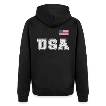 TEAM USA amerikanische Flagge Fahne über Schrift - Unisex Premium Bio Zip Hoodie - Schwarz - Hinten - Nico (187cm)