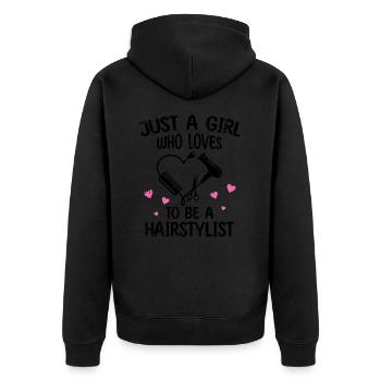 Frau nur ein Mädchen, das gerne Friseurin ist - Unisex Premium Bio Zip Hoodie - Schwarz - Hinten - Nico (187cm)