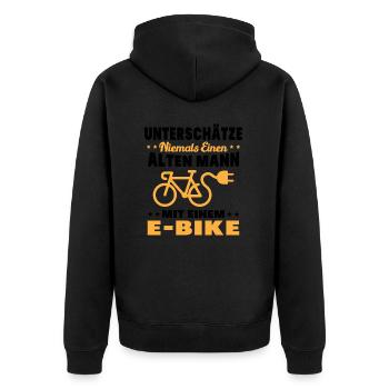 Einen alten Mann mit einem E-Bike - Unisex Premium Bio Zip Hoodie - Schwarz - Hinten - Nico (187cm)
