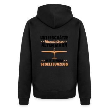 Alter Mann mit Segelflugzeug | Segelfliegen - Unisex Premium Bio Zip Hoodie - Schwarz - Hinten - Nico (187cm)