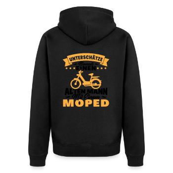 Alten mann mit einem Moped - Unisex Premium Bio Zip Hoodie - Schwarz - Hinten - Nico (187cm)