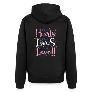 Zwei Herzen, zwei Leben, eine Liebe - Unisex Premium Bio Zip Hoodie - Schwarz - Hinten - Nico (187cm)