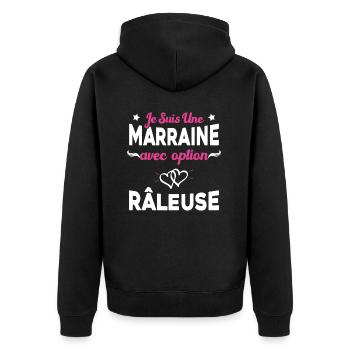 Femme je suis une marraine avec option râleuse - Veste à capuche bio Premium Unisexe - noir - Dos - Nico (187cm)