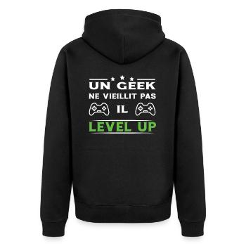 Un geek ne vieillit pas il level up - Veste à capuche bio Premium Unisexe - noir - Dos - Nico (187cm)