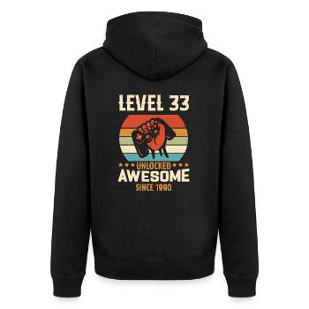Level 33 Komplettes Geburtstagsgeschenk von 1990 - Unisex Premium Bio Zip Hoodie - Schwarz - Hinten - Nico (187cm)