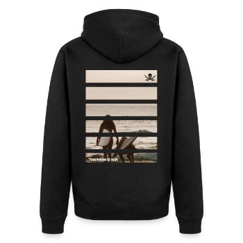Tomorrow is Now - Unisex Premium Bio Zip Hoodie - Schwarz - Hinten - Nico (187cm)