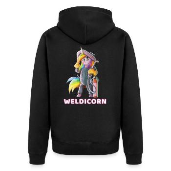 Schweißhorn - Schweißeinhorn - Unisex Premium Bio Zip Hoodie - Schwarz - Hinten - Nico (187cm)