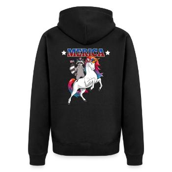 Merica Waschbär reitet Einhorn - Unisex Premium Bio Zip Hoodie - Schwarz - Hinten - Nico (187cm)