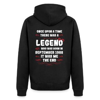 Es war einmal eine Legende. September 1988 Geburts - Unisex Premium Bio Zip Hoodie - Schwarz - Hinten - Nico (187cm)