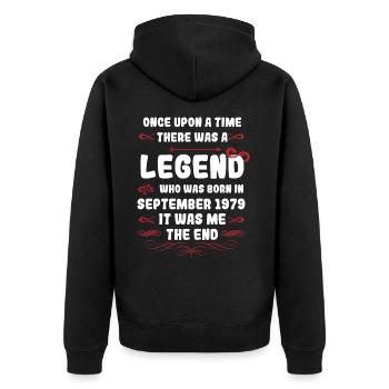 Es war einmal eine Legende. September 1979 Geburts - Unisex Premium Bio Zip Hoodie - Schwarz - Hinten - Nico (187cm)