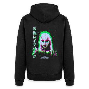 Famous Ravepunk Kalt Grün Glitch - Unisex Premium Bio Zip Hoodie - Schwarz - Hinten - Nico (187cm)