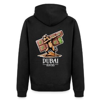 Dubai Rocks - Cooles Dabbing Dromedar Design - Unisex Premium Bio Zip Hoodie - Schwarz - Hinten - Nico (187cm)