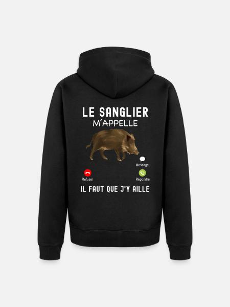 Chasseur je t'attend humour appelle sanglier - Veste à capuche bio Premium Unisexe - noir