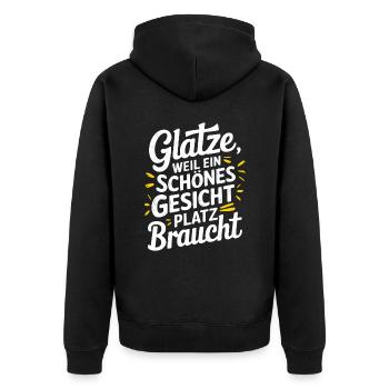 Frisur Glatze Haarausfall, Lustiges Glatzenträger - Unisex Premium Bio Zip Hoodie - Schwarz - Hinten - Nico (187cm)