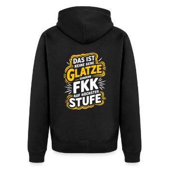 Haarausfall Glatze Frisur, Lustiges Glatzenträger - Unisex Premium Bio Zip Hoodie - Schwarz - Hinten - Nico (187cm)
