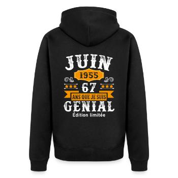67 Ans Anniversaire Vintage Né(e) en Juin 1955 - Veste à capuche bio Premium Unisexe - noir - Dos - Nico (187cm)