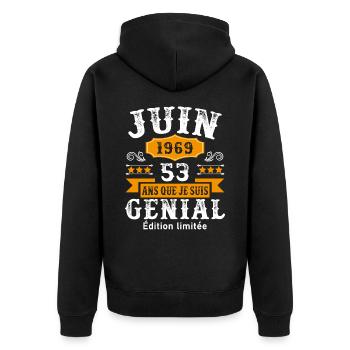 53 Ans Anniversaire Vintage Né(e) en Juin 1969 - Veste à capuche bio Premium Unisexe - noir - Dos - Nico (187cm)