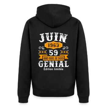 59 Ans Anniversaire Vintage Né(e) en Juin 1963 - Veste à capuche bio Premium Unisexe - noir - Dos - Nico (187cm)