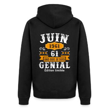61 Ans Anniversaire Vintage Né(e) en Juin 1961 - Veste à capuche bio Premium Unisexe - noir - Dos - Nico (187cm)