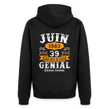 39 Ans Anniversaire Vintage Né(e) en Juin 1983 - Veste à capuche bio Premium Unisexe - noir - Dos - Nico (187cm)