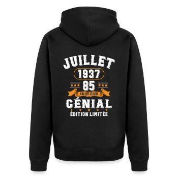 85 Ans Anniversaire Vintage Né(e) en Juillet 1937 - Veste à capuche bio Premium Unisexe - noir - Dos - Nico (187cm)
