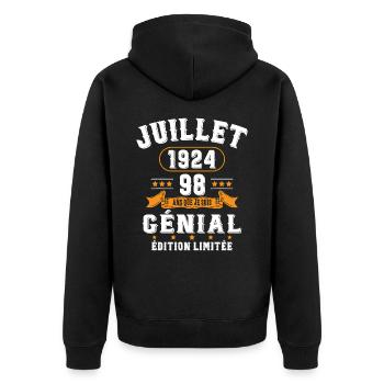 98 Ans Anniversaire Vintage Né(e) en Juillet 1924 - Veste à capuche bio Premium Unisexe - noir - Dos - Nico (187cm)