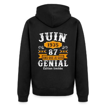 87 Ans Anniversaire Vintage Né(e) en Juin 1935 - Veste à capuche bio Premium Unisexe - noir - Dos - Nico (187cm)
