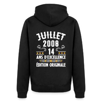 14 Ans Anniversaire Vintage Né(e) en Juillet 2008 - Veste à capuche bio Premium Unisexe - noir - Dos - Nico (187cm)