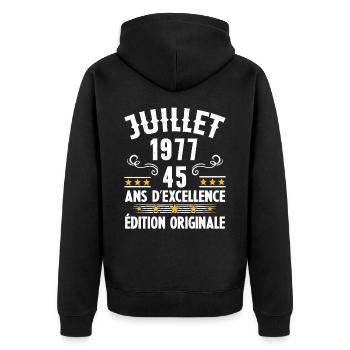 45 Ans Anniversaire Vintage Né(e) en Juillet 1977 - Veste à capuche bio Premium Unisexe - noir - Dos - Nico (187cm)