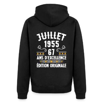 67 Ans Anniversaire Vintage Né(e) en Juillet 1955 - Veste à capuche bio Premium Unisexe - noir - Dos - Nico (187cm)