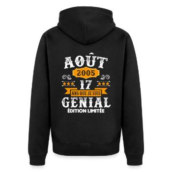 17 Ans Anniversaire Vintage Né(e) en Août 2005 - Veste à capuche bio Premium Unisexe - noir - Dos - Nico (187cm)