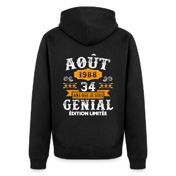 34 Ans Anniversaire Vintage Né(e) en Août 1988 - Veste à capuche bio Premium Unisexe - noir - Dos - Nico (187cm)