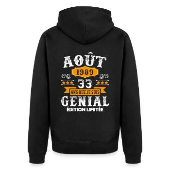 33 Ans Anniversaire Vintage Né(e) en Août 1989 - Veste à capuche bio Premium Unisexe - noir - Dos - Nico (187cm)