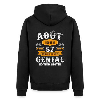 57 Ans Anniversaire Vintage Né(e) en Août 1965 - Veste à capuche bio Premium Unisexe - noir - Dos - Nico (187cm)