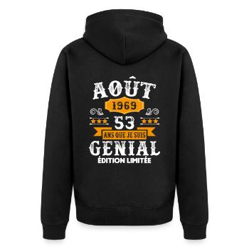 53 Ans Anniversaire Vintage Né(e) en Août 1969 - Veste à capuche bio Premium Unisexe - noir - Dos - Nico (187cm)