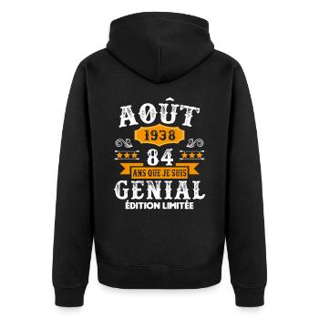 84 Ans Anniversaire Vintage Né(e) en Août 1938 - Veste à capuche bio Premium Unisexe - noir - Dos - Nico (187cm)