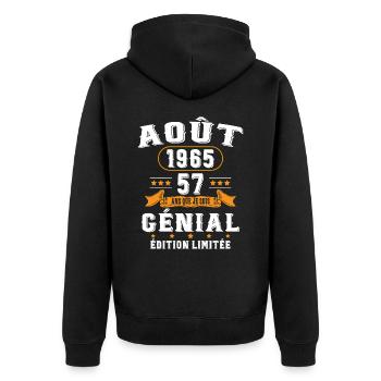 57 Ans Anniversaire Vintage Né(e) en Août 1965 - Veste à capuche bio Premium Unisexe - noir - Dos - Nico (187cm)