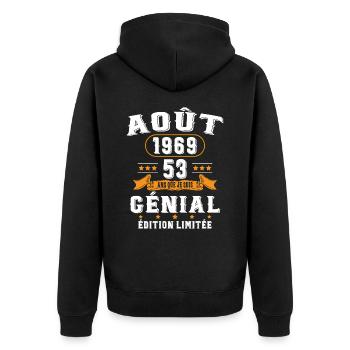 53 Ans Anniversaire Vintage Né(e) en Août 1969 - Veste à capuche bio Premium Unisexe - noir - Dos - Nico (187cm)