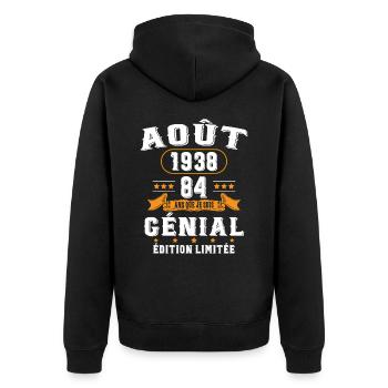 84 Ans Anniversaire Vintage Né(e) en Août 1938 - Veste à capuche bio Premium Unisexe - noir - Dos - Nico (187cm)