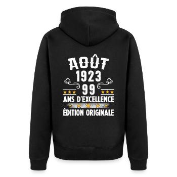 99 Ans Anniversaire Vintage Né(e) en Août 1923 - Veste à capuche bio Premium Unisexe - noir - Dos - Nico (187cm)